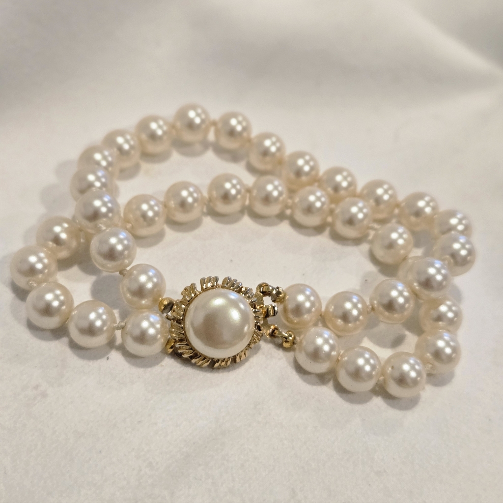 Vintage Knotted Faux Pearl Two Strand Bracelet With Gold Box Ornate Clasp 7"